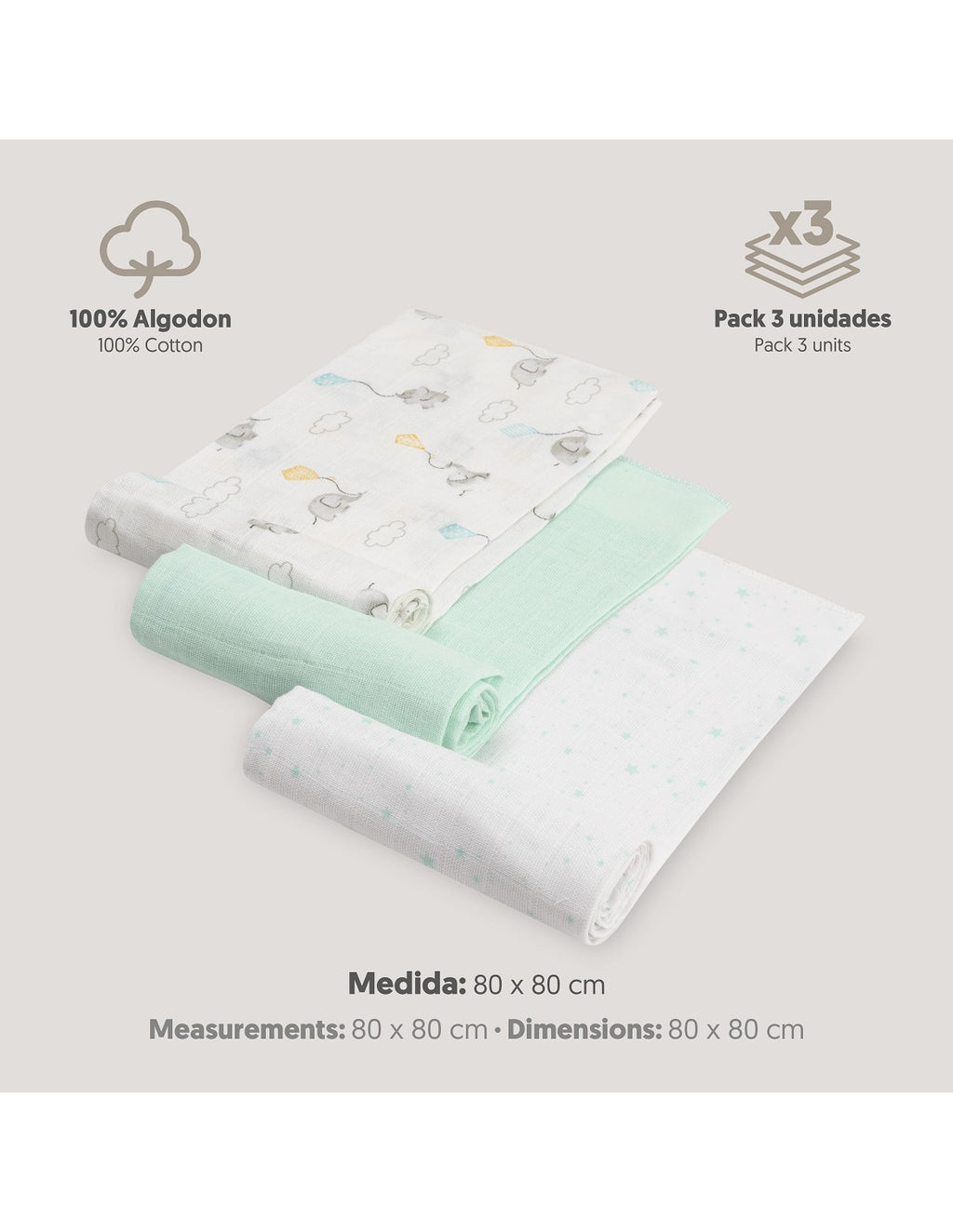 PACK DE 3 GASAS PARA BEBE FANTASIA INTERBABY (80X80)