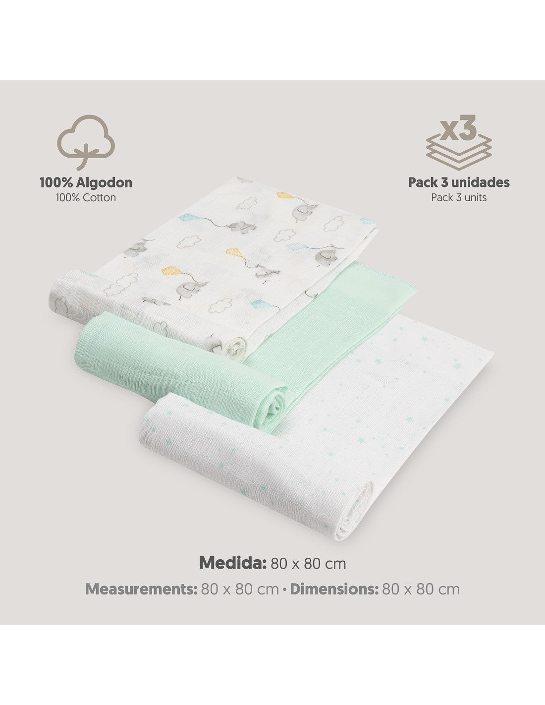 PACK DE 3 GASAS PARA BEBE FANTASIA INTERBABY (80X80)