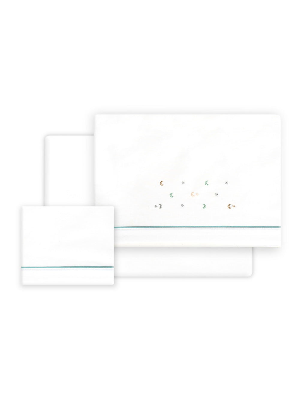 SET DE SABANAS CUNA ESTRELLA LUNA + CHUPETE INTERBABY — BLANCO/VERDE