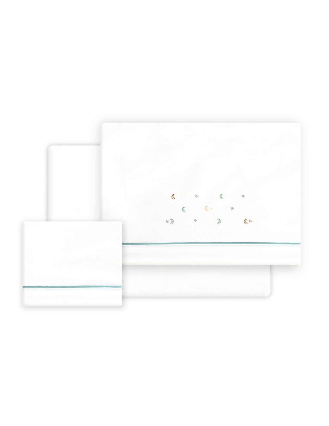 SET DE SABANAS CUNA ESTRELLA LUNA + CHUPETE INTERBABY — BLANCO/VERDE