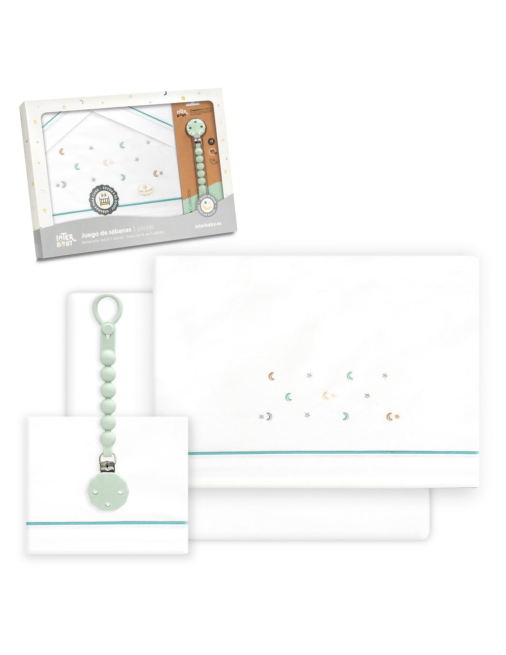 SET DE SABANAS CUNA ESTRELLA LUNA + CHUPETE INTERBABY — BLANCO/VERDE