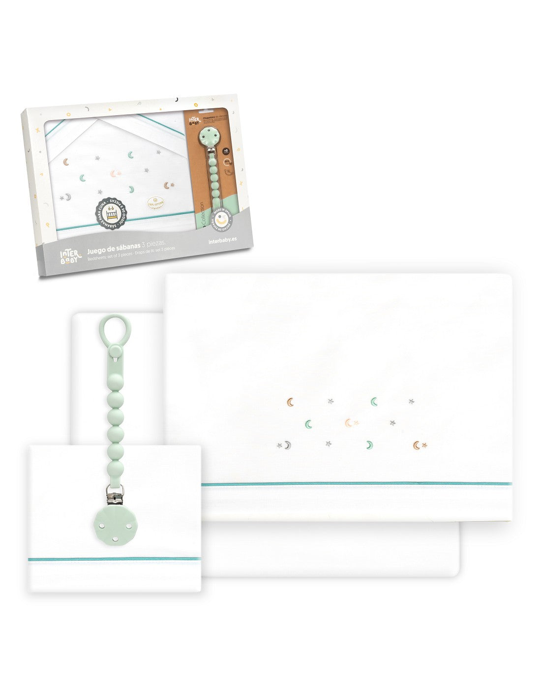 SET DE SABANAS CUNA ESTRELLA LUNA + CHUPETE INTERBABY — BLANCO/VERDE