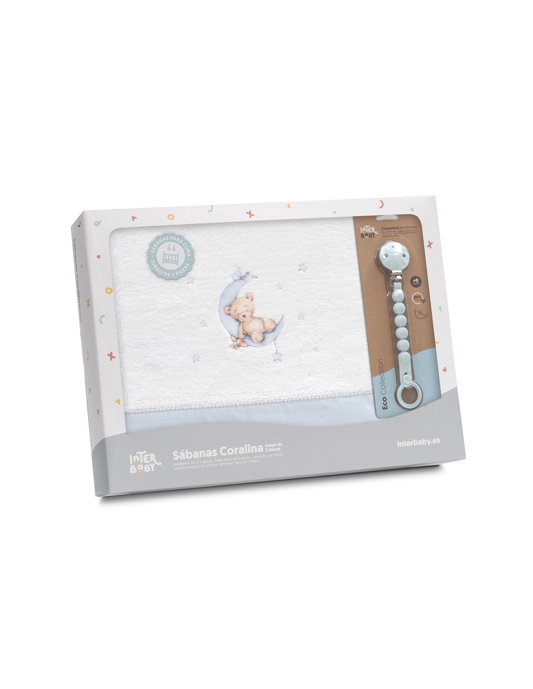 SET DE SABANAS CUNA CORALINA OSO LUNA + CHUPETERO INTERBABY