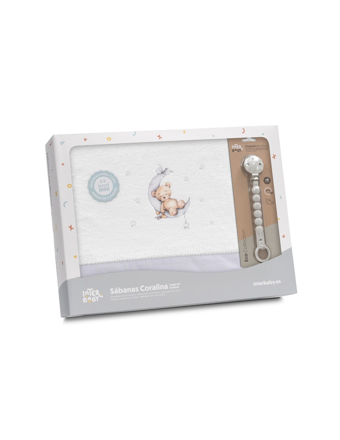 SET DE SABANAS CUNA CORALINA OSO LUNA + CHUPETERO INTERBABY