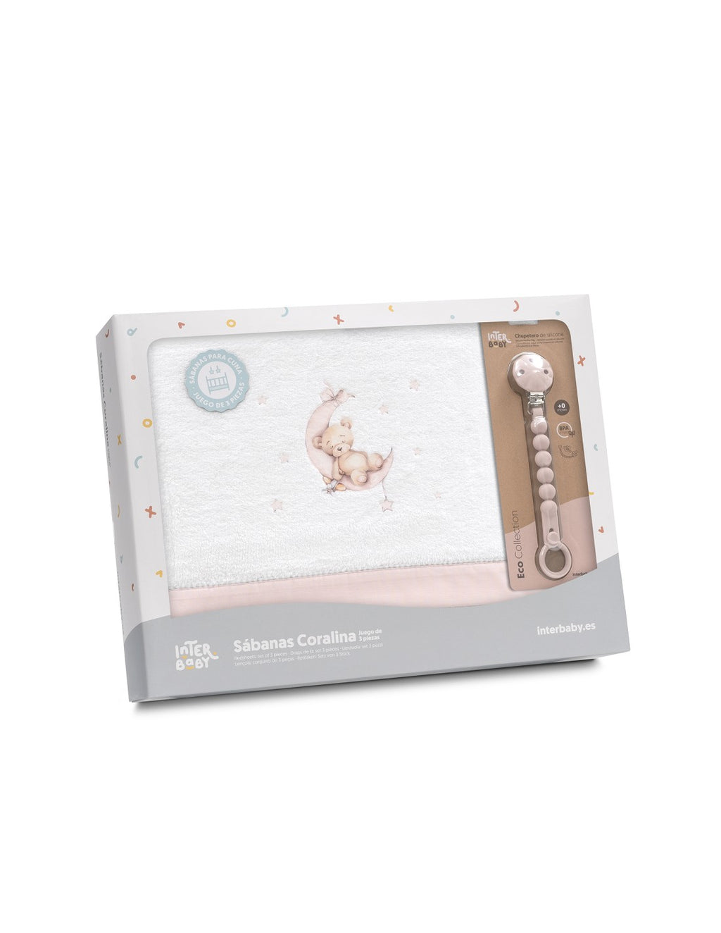 SET DE SABANAS CUNA CORALINA OSO LUNA + CHUPETERO INTERBABY