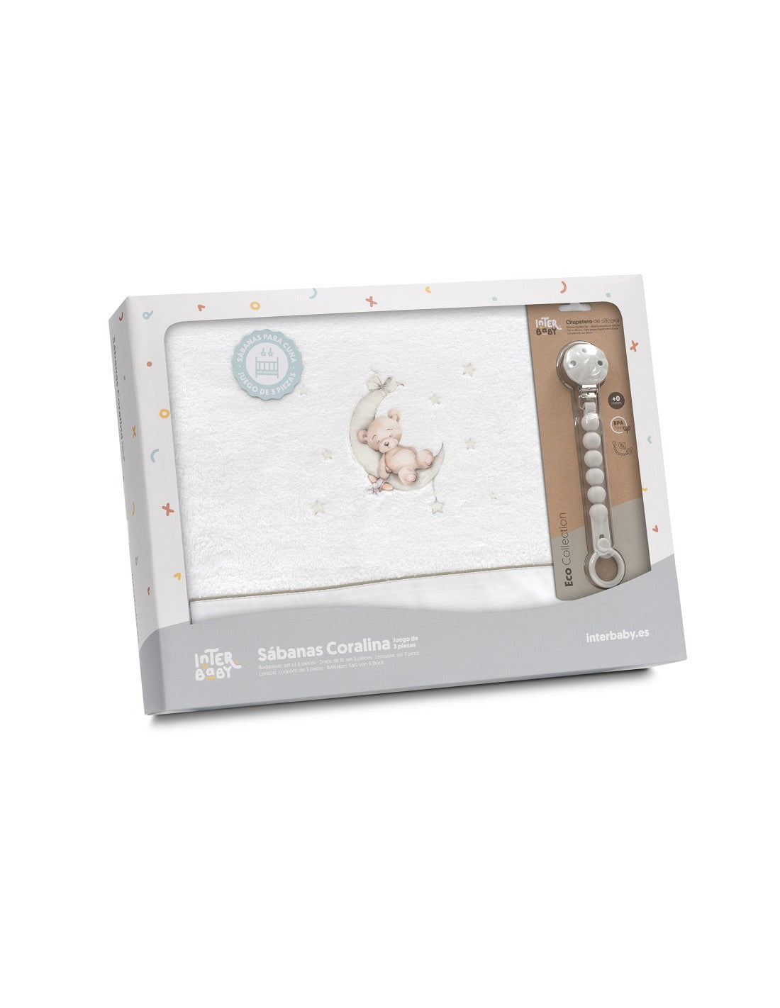 SET DE SABANAS CUNA CORALINA OSO LUNA + CHUPETERO INTERBABY