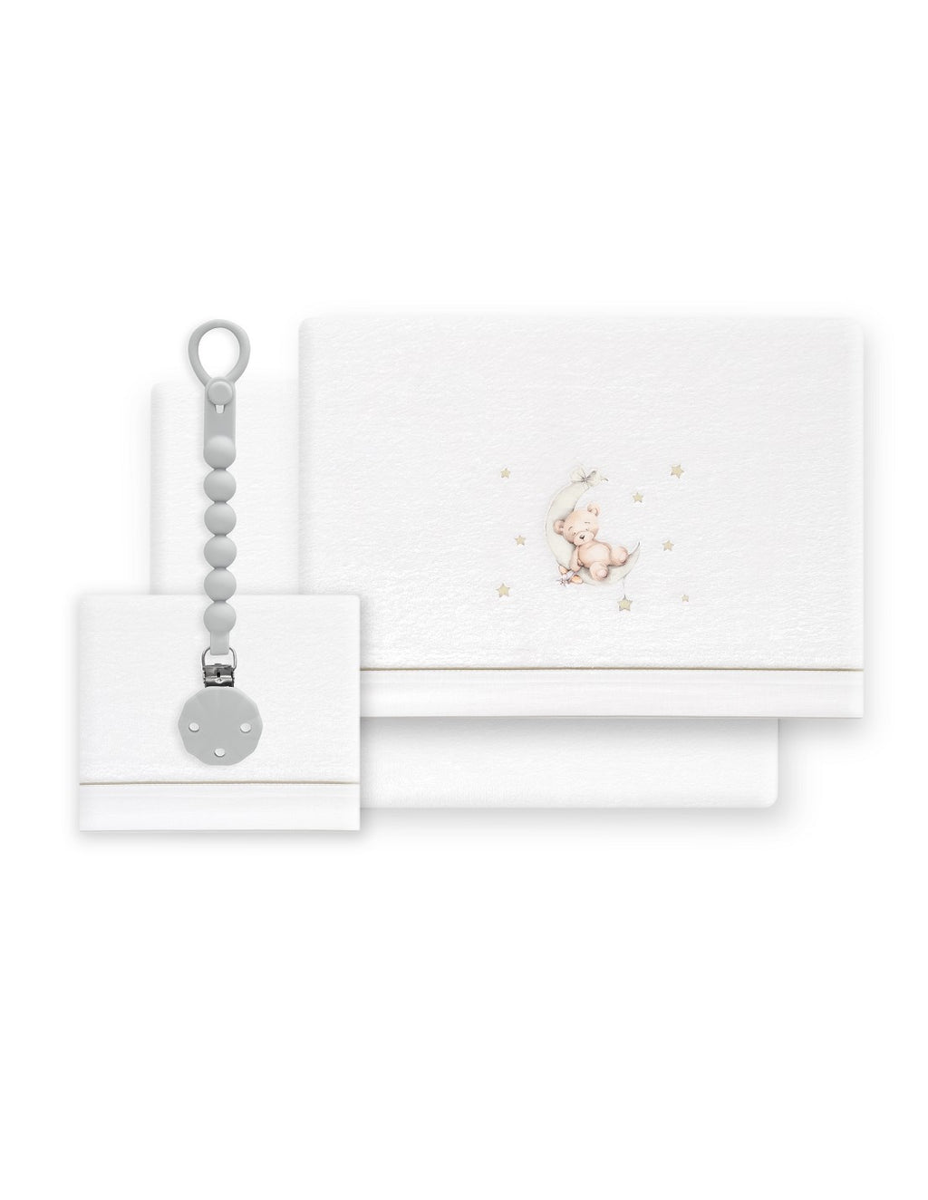 SET DE SABANAS CUNA CORALINA OSO LUNA + CHUPETERO INTERBABY