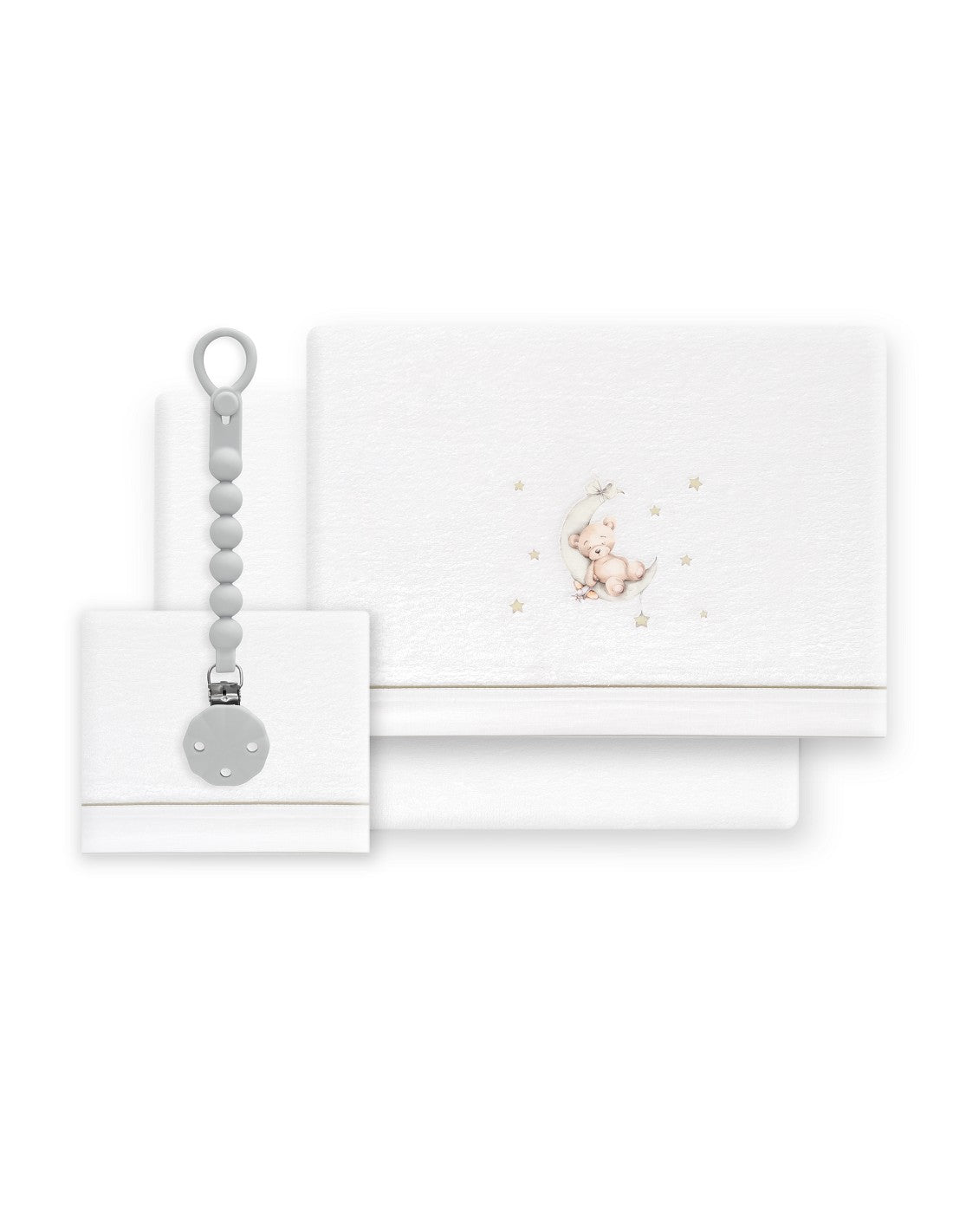 SET DE SABANAS CUNA CORALINA OSO LUNA + CHUPETERO INTERBABY