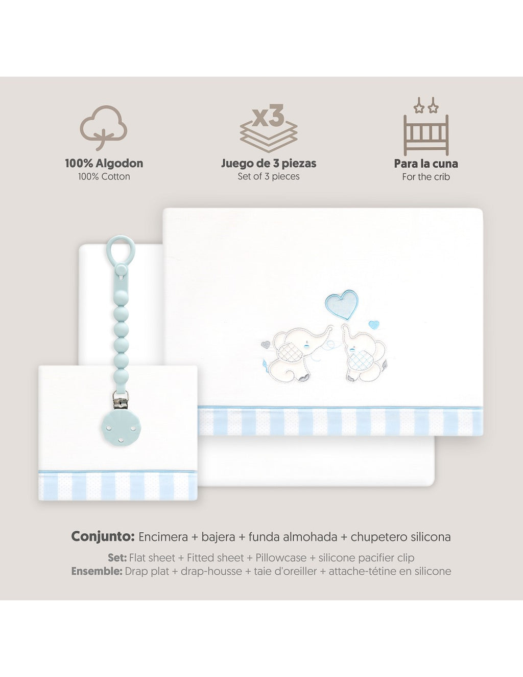 SET DE SABANAS CUNA+CHUPETERO. ELEFANTES. INTERBABY