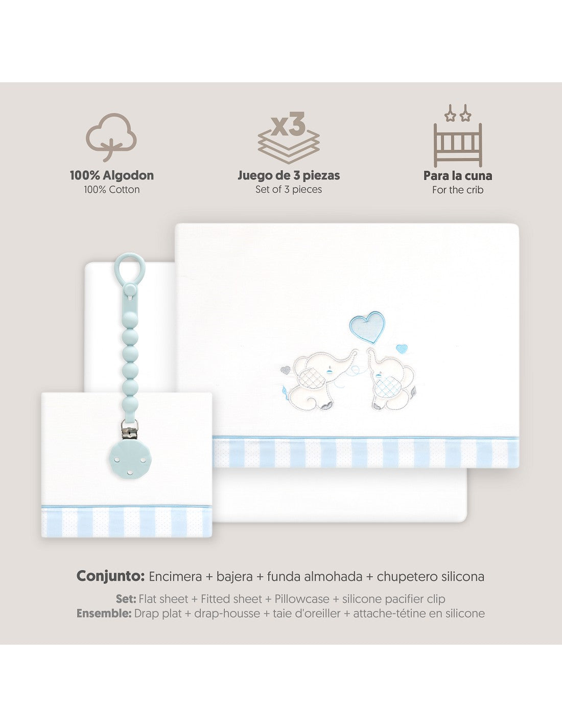 SET DE SABANAS CUNA+CHUPETERO. ELEFANTES. INTERBABY