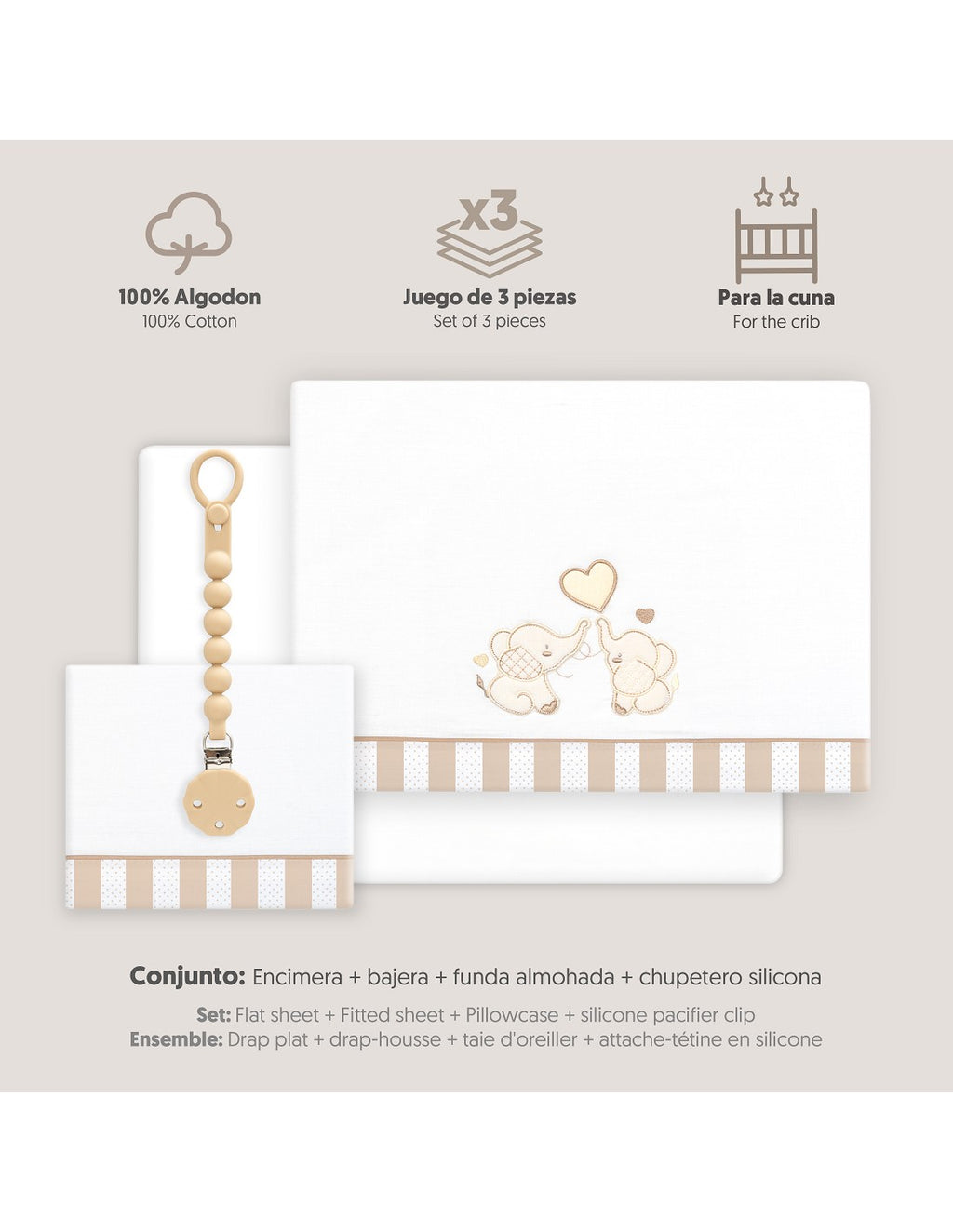 SET DE SABANAS CUNA+CHUPETERO. ELEFANTES. INTERBABY