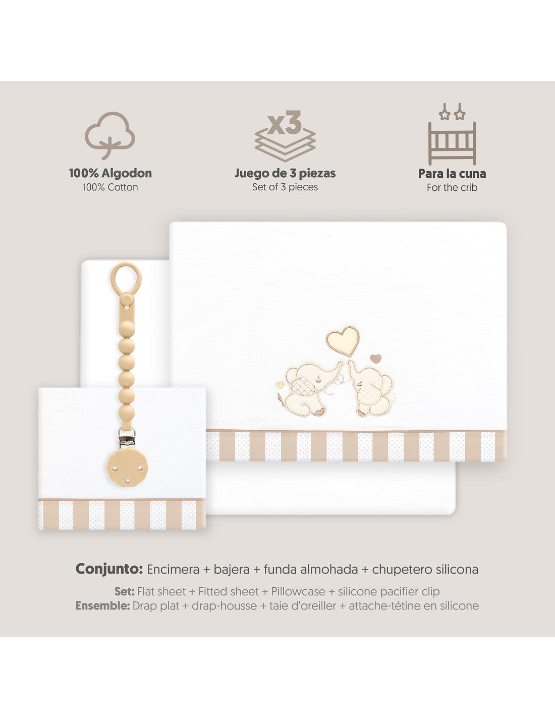 SET DE SABANAS CUNA+CHUPETERO. ELEFANTES. INTERBABY