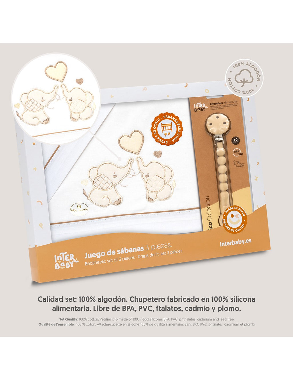 SET DE SABANAS CUNA+CHUPETERO. ELEFANTES. INTERBABY