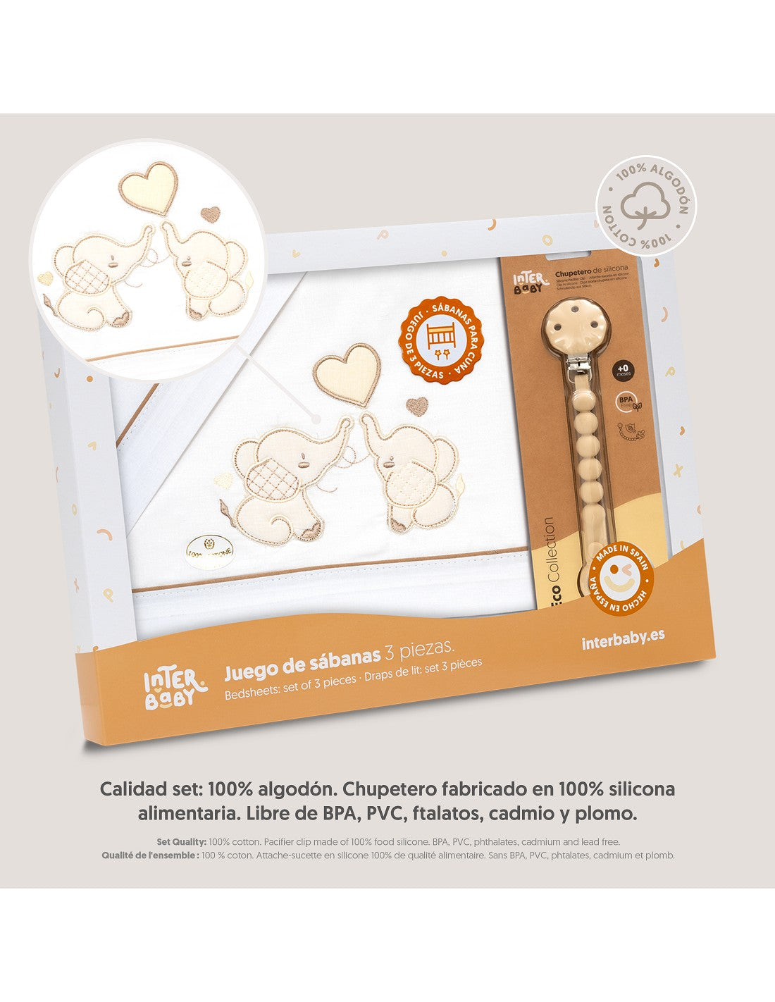 SET DE SABANAS CUNA+CHUPETERO. ELEFANTES. INTERBABY