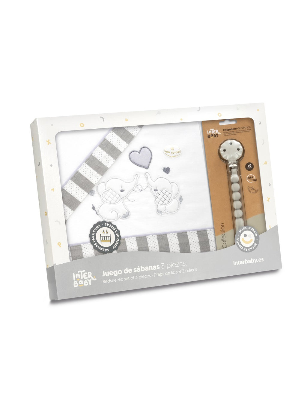 SET DE SABANAS CUNA+CHUPETERO. ELEFANTES. INTERBABY