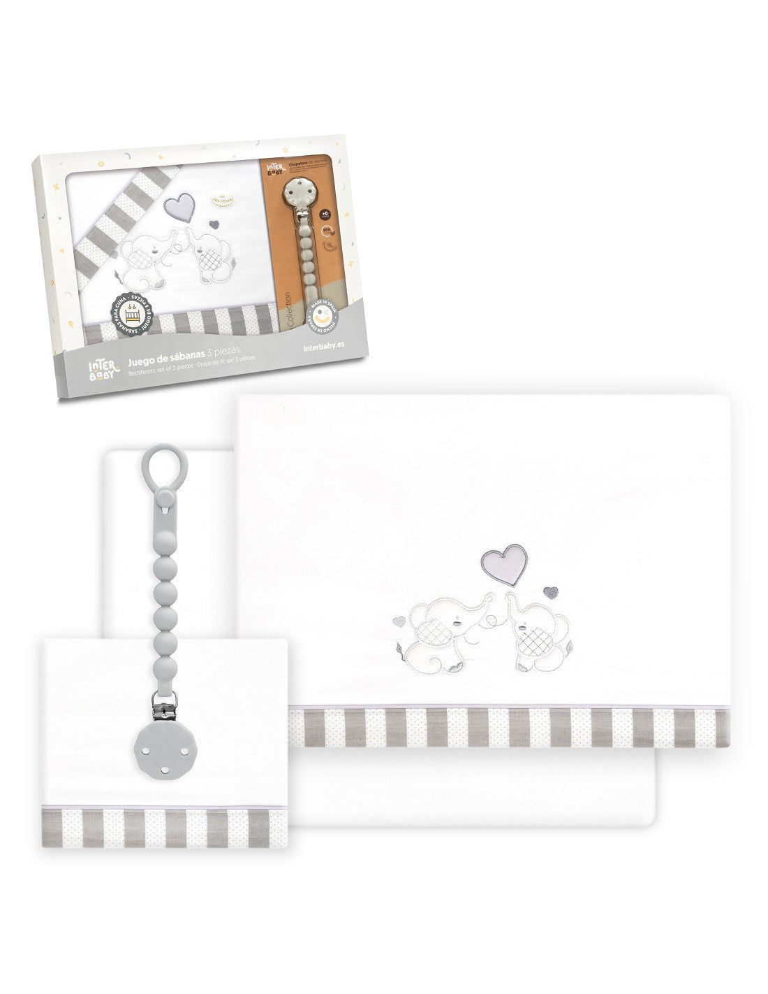 SET DE SABANAS CUNA+CHUPETERO. ELEFANTES. INTERBABY
