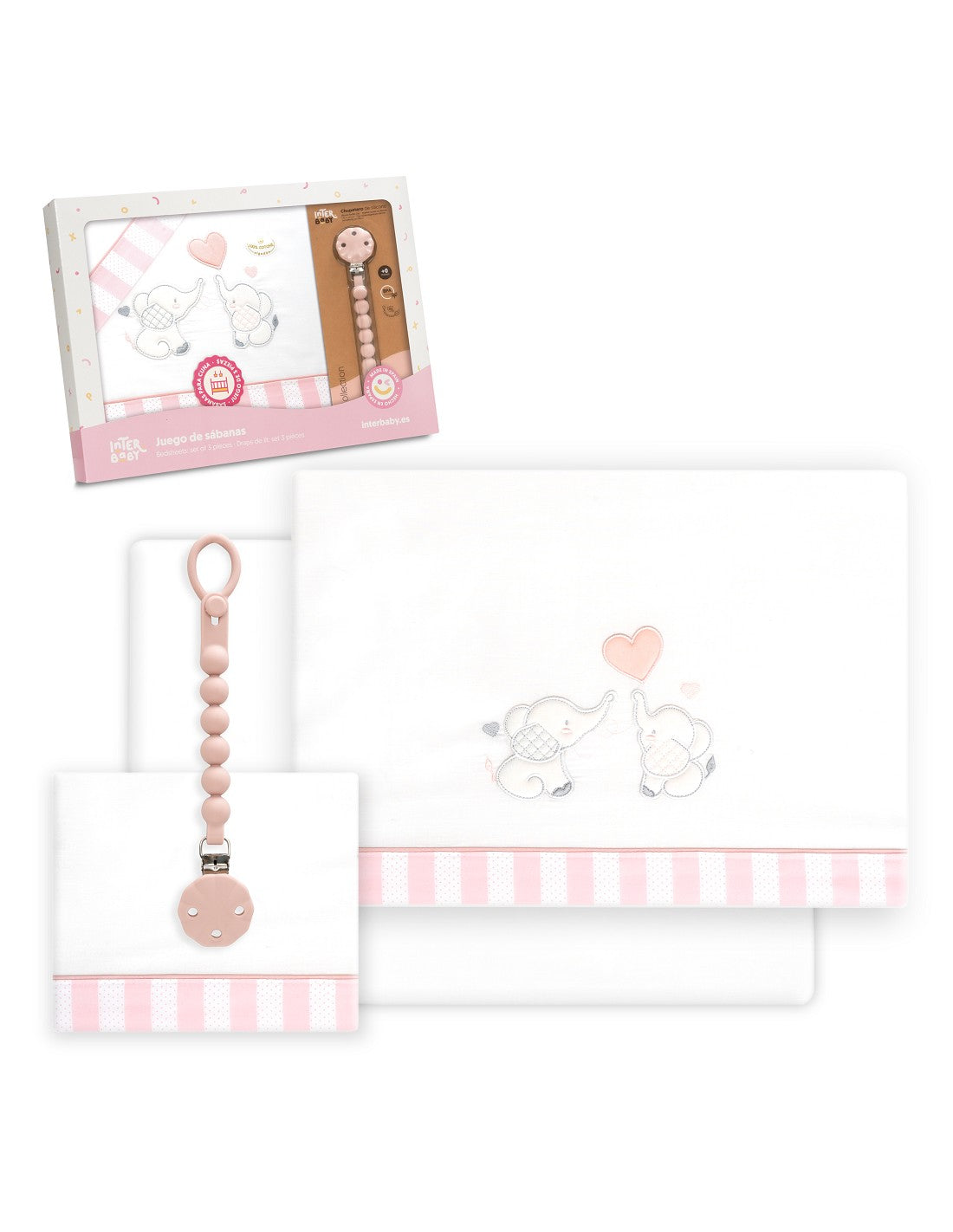 SET DE SABANAS CUNA+CHUPETERO. ELEFANTES. INTERBABY