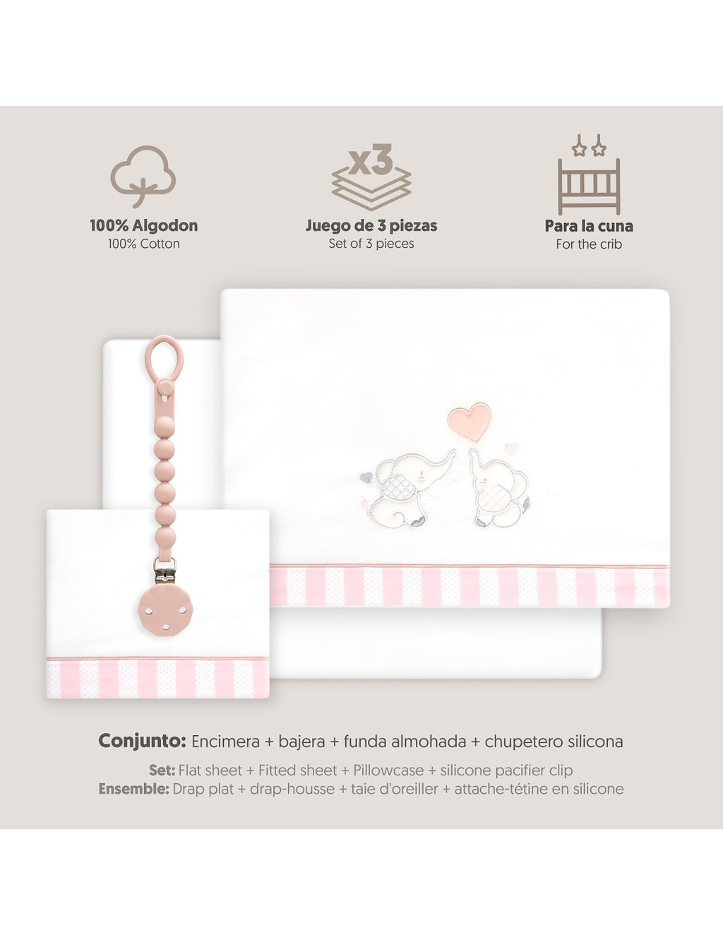 SET DE SABANAS CUNA+CHUPETERO. ELEFANTES. INTERBABY
