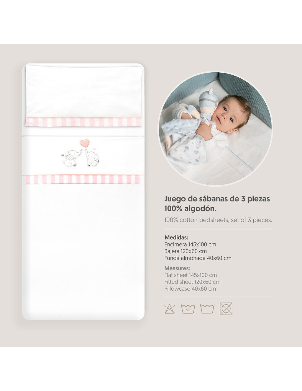SET DE SABANAS CUNA+CHUPETERO. ELEFANTES. INTERBABY