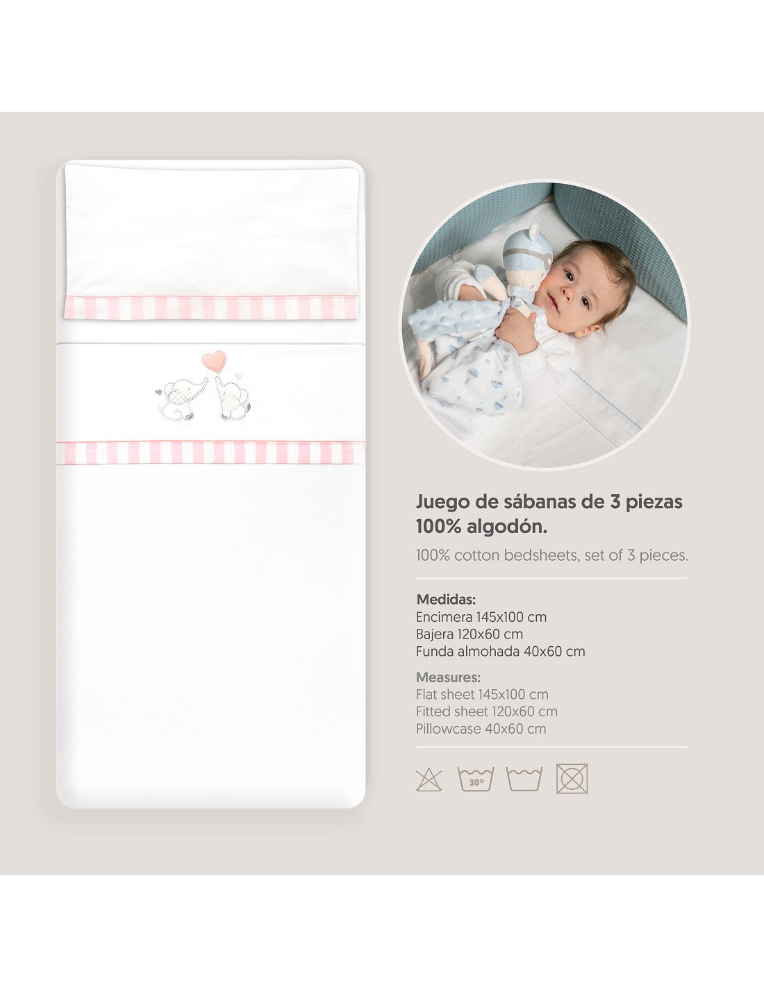 SET DE SABANAS CUNA+CHUPETERO. ELEFANTES. INTERBABY