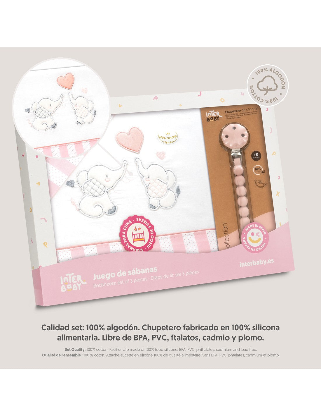 SET DE SABANAS CUNA+CHUPETERO. ELEFANTES. INTERBABY