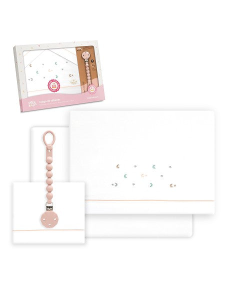 SET DE SABANAS CUNA ESTRELLA LUNA + CHUPETE INTERBABY — BLANCO/VERDE