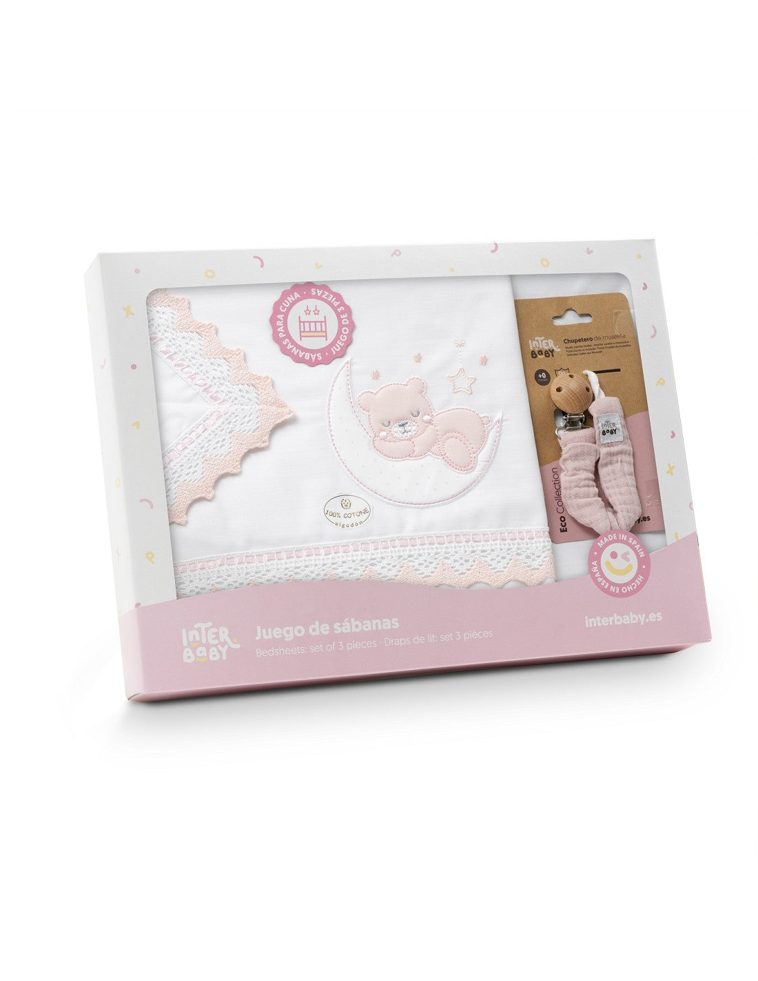 SET  DE SABANAS CUNA OSO LUNA GUIPUR DON ALGODON +REGALO