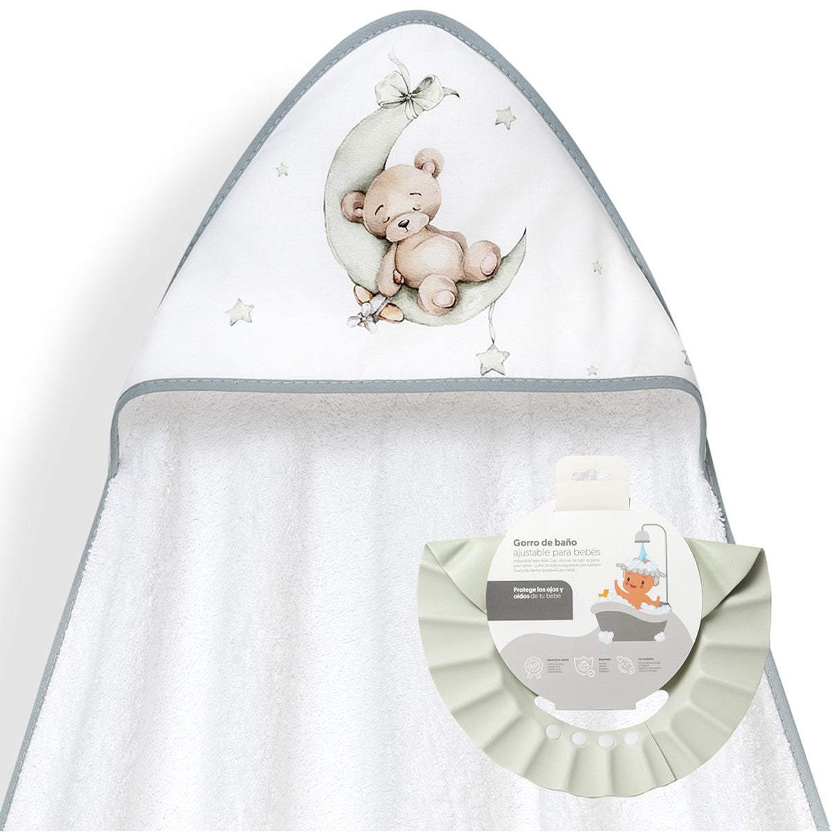 CAPA DE BAÑO Y GORRO OSO LUNA